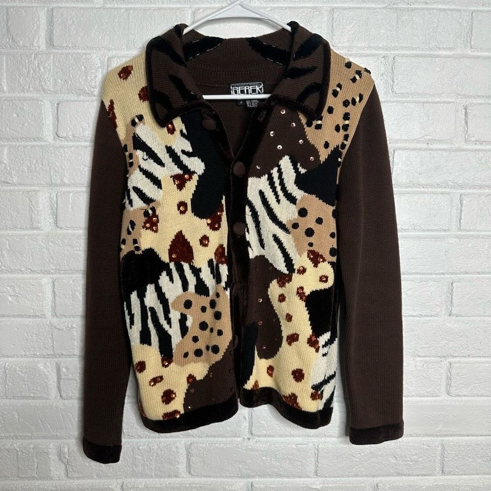 Berek Cardigan Animal Patchwork‎ Brown Beaded size Small